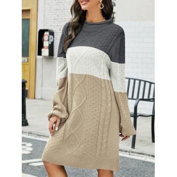 

Contrast Colorblock Cable Knit Sweater Dress Long Sleeve Ribbed Hem Mini Sweater Dress, Light coffee