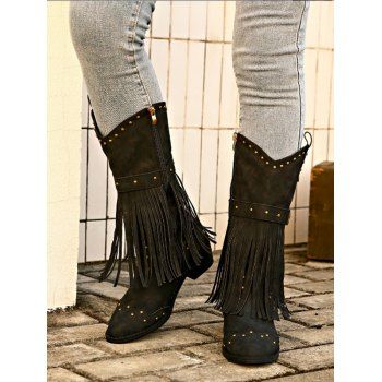 

Vintage Tassel Rivets Zip Up Chunky Heel Mid Calf Boots, Black