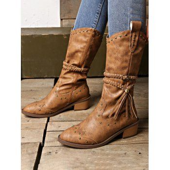 

Rivets Zip Up Chunky Heel Mid Calf Boots, Coffee