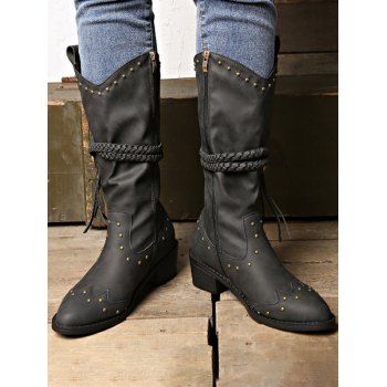 

Rivets Zip Up Chunky Heel Mid Calf Boots, Black