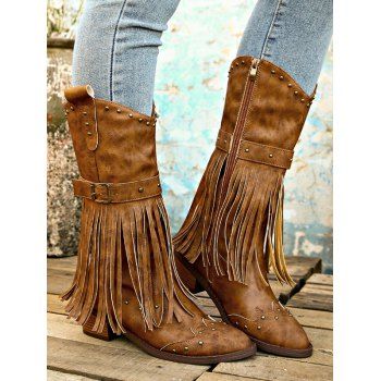 

Vintage Tassel Rivets Zip Up Chunky Heel Mid Calf Boots, Coffee