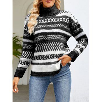 

Contrast Tribal Geometric Graphic Sweater Turtleneck Drop Shoulder Pullover Sweater, Black