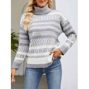 

Contrast Tribal Geometric Graphic Sweater Turtleneck Drop Shoulder Pullover Sweater, Light gray