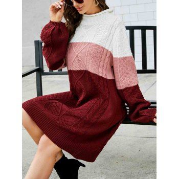 

Contrast Colorblock Cable Knit Sweater Dress Long Sleeve Ribbed Hem Mini Sweater Dress, Deep red