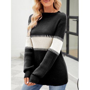 

Contrast Colorblock Patchwork Knit Top Mock Neck Pullover Knitwear, Black