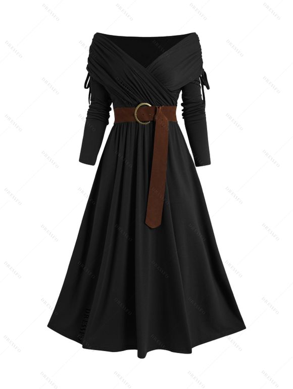 Robe Mi-Longue Superposée Ceinturée Plongeante à Taille Haute en Couleur Unie à Volants - Noir XXL | US 14