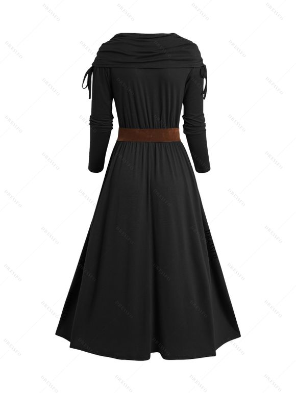 Robe Mi-Longue Superposée Ceinturée Plongeante à Taille Haute en Couleur Unie à Volants - Noir XXL | US 14