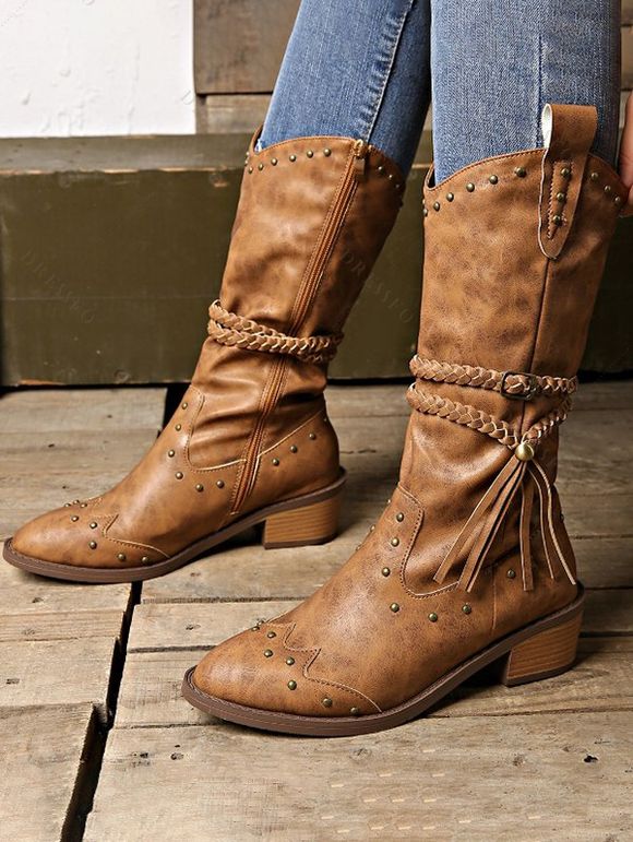 Rivets Zip Up Chunky Heel Mid Calf Boots - café EU 37