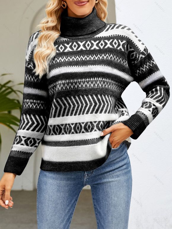 Pull Tribal Géométrique Contrasté Graphique à Goutte Epaule à Col Roulé - Noir M | US 6