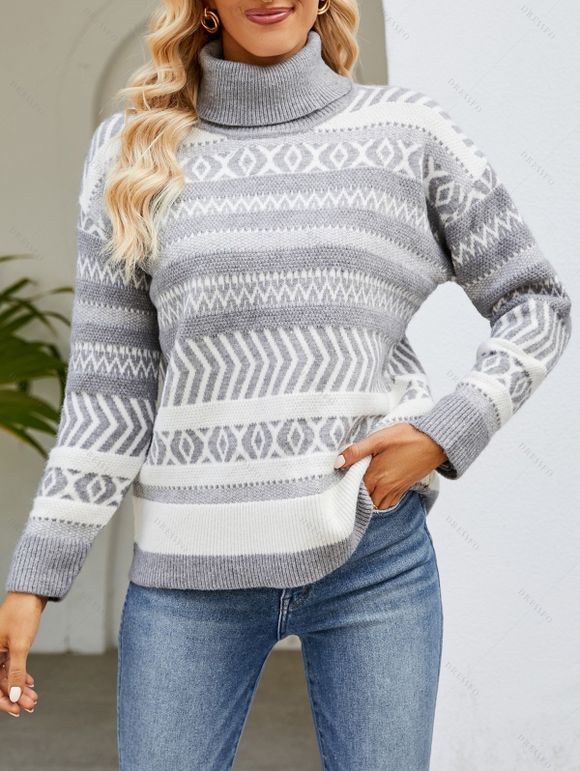 Pull Tribal Géométrique Contrasté Graphique à Goutte Epaule à Col Roulé - Gris Clair XL | US 12