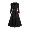 Robe Mi-Longue Superposée Ceinturée Plongeante à Taille Haute en Couleur Unie à Volants - Noir XXL | US 14