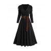 Cinched Ruched Surplice Plunge Belted Midi Dress Solid Color High Waist Long Sleeve Dress