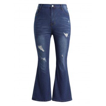 

Plus Size & Curve Ripped Flare Jeans Butterfly Embriodery Back Long Zip Fly Denim Pants, Deep blue