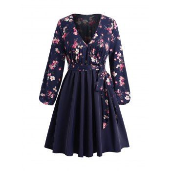 

Plus Size & Curve Flower Print Belted Dress Surplice Plunge Long Sleeve Dress, Deep blue