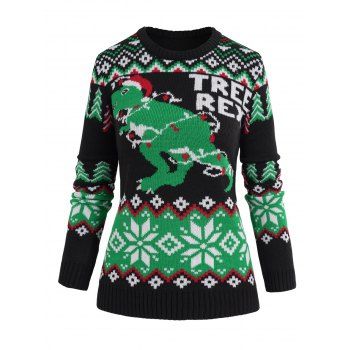 

Christmas Tree Dinosaur Snowflake Floral Graphic Ugly Sweater Crew Neck Ribbed Hem Sweater, Deep green