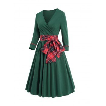 

Plaid Panel Belted Christmas Dress Surplice Plunge High Waisted Midi Dress, Deep green