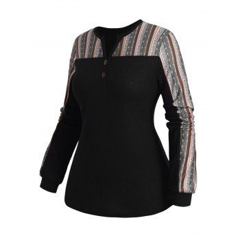 

Plus Size & Curve Ethnic Knit Top Tribal Pattern Panel Mock Button V Neck Long Sleeve Knitted Top, Black