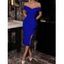 Robe Mi-Longue Moulante Epaule Dénudée à Fente Haute Ourlet à Volants en Couleur Unie - Bleu profond L | US 8