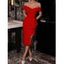 Robe Mi-Longue Moulante Epaule Dénudée à Fente Haute Ourlet à Volants en Couleur Unie - Rouge L | US 8
