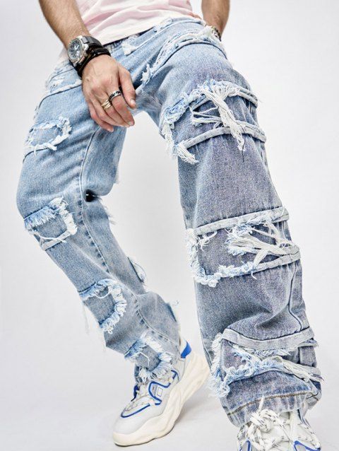 Men's Streetwear Style Frayed Patchwork Design Zip Fly Straight Leg Jeans