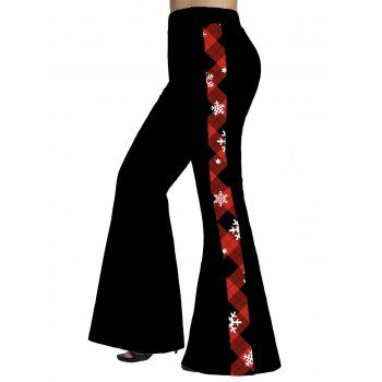 

Plus Size Plaid Snowflake Print Panel Flare Pants High Waist Long Christmas Pants, Red