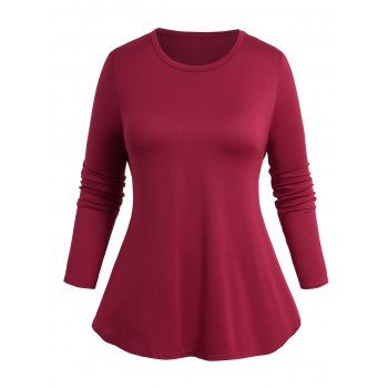 

Plus Size Long Sleeve T-shirt Solid Color Curved Hem Round Neck Tee, Red