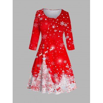 

Plus Size Christmas Tree Snowflake Allover Print A Line Dress Round Neck Casual Tee, Red