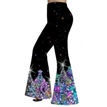

Plus Size Sparkly Christmas Tree 3D Print Flare Pants Elastic Waist Long Pants, Black
