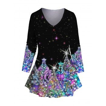 

Plus Size Sparkly Christmas Tree 3D Print T-shirt Long Sleeve V Neck Casual Tee, Black