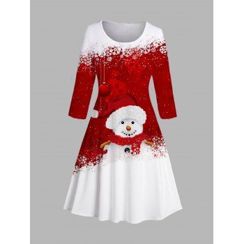 

Plus Size Christmas Cute Snowman Snowflake Print Colorblock Tee Dress Round Neck Casual A Line Dress, Red