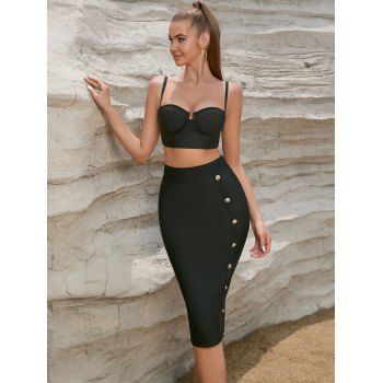 

Mock Button Slit Back Slim Bodycon Skirt High Waist Zipper Back Skirt, Black