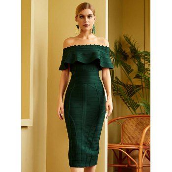 

Off The Shoulder Slim Fit Party Bodycon Dress Solid Color Striped Textured Flounce Midi Dress, Deep green