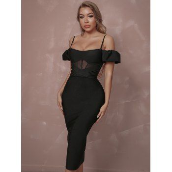 

Puff Sleeve Cold Shoulder Party Bodycon Dress Slit Back Zipper Spaghetti Strap Midi Dress, Black