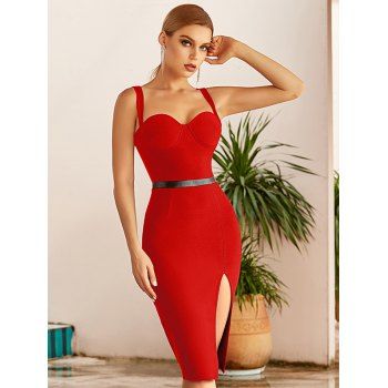 

Split Party Slim Midi Party Bodycon Dress High Waist Padded Midi Dress, Red