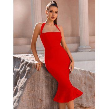 

Mermaid Hem Halter Bodycon Dress Solid Color Zipper Backless Midi Party Dress, Red