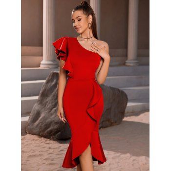 

Asymmetric One Shoulder Mermaid Hem Bodycon Dress Ruffle Trim Solid Color Slim Party Dress, Red