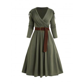 

Plus Size Cinched Ruched Surplice Plunge Belted Midi Dress Solid Color High Waist Long Sleeve Dress, Deep green