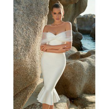 

Off The Shoulder Mermaid Hem Party Bodycon Dress Sweetheart Neck Sheer Mesh Panel Zip Back Bandeau Dress, White