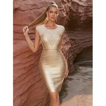 

Sparkly Metallic Party Bodycon Dress Cap Sleeve Geometric Mesh Insert Zipper Back Slim Mini Dress, Golden