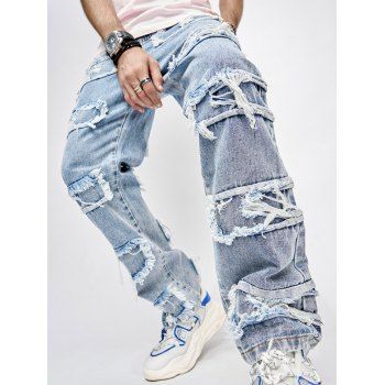 

Men's Streetwear Style Frayed Patchwork Design Zip Fly Straight Leg Jeans, Light blue