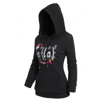 

Christmas Elements Letter Print Graphic Hoodie Textured Kangaroo Pocket Drawstring Hoodie, Black