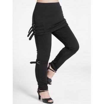 

Plus Size Buckle Staps Skirted Pants Plain Color Skinny Long Casual Pants, Black