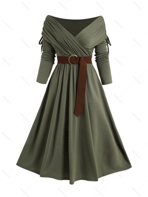 Robe Mi-Longue Ceinturée Superposée Plongeante à Taille Haute Grande Taille à Volants - Vert profond 5XL | US 22