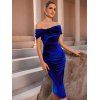 Robe Mi-Longue de Soirée Moulante à Epaule Dénudée à Taille Haute en Velours - Bleu L | US 8