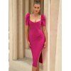 Robe Mi-Longue Moulante Fendue en Couleur Brillante à Manches Bouffantes à Volants - Rouge L | US 8
