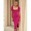 Robe Mi-Longue Moulante Fendue en Couleur Brillante à Manches Bouffantes à Volants - Rouge L | US 8