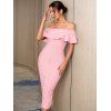 Robe Moulante Mi-Longue en Couleur Unie à Epaule Dénudée à Volants - Rose clair L | US 8
