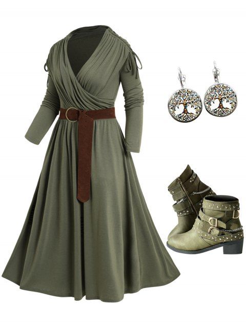 Plus Size Cinched Surplice Plunge Belted High Waist Midi Dress And Rivet Zip Up Boots Life Tree Drop Earrings Outfit