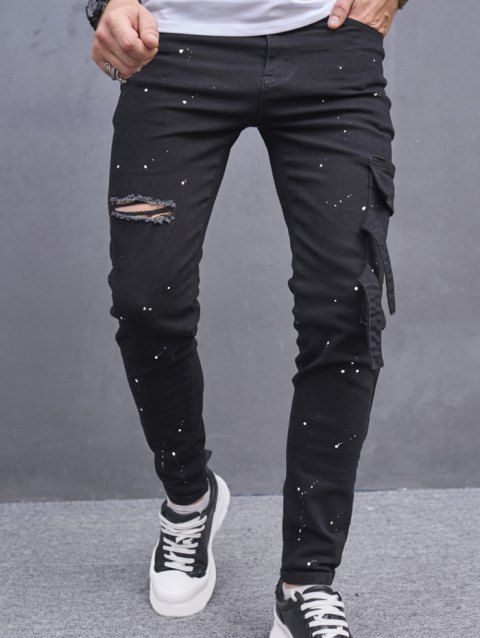 Splatter Dots Ripped Jeans Pocket Patch Zip Fly Long Casual Denim Pants