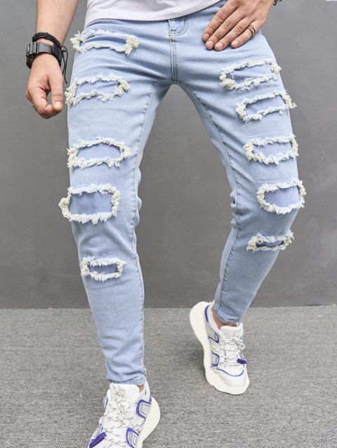 Frayed Patches Light Wash Pencil Jeans Zip Fly Long Casual Denim Pants
